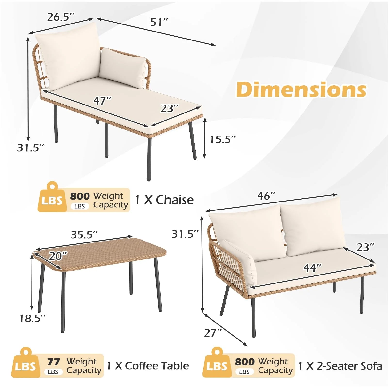 Tangkula 3 Pieces L-Shaped Patio Furniture Set for Backyard Porch Balcony