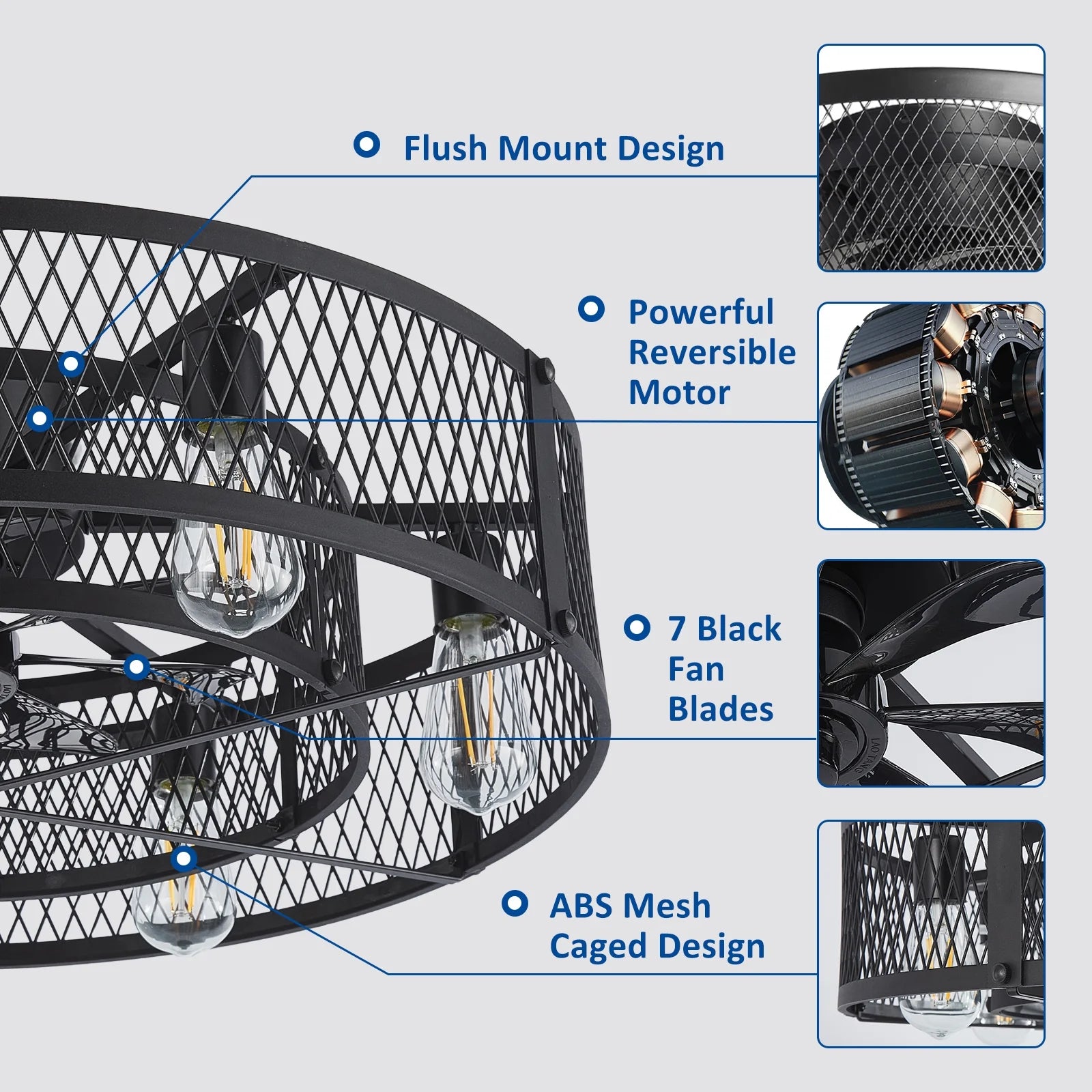 26 - Inch Farmhouse Caged Ceiling Fan with Light, Remote & APP Control Quiet DC Motor E26 Bulbs Included Black