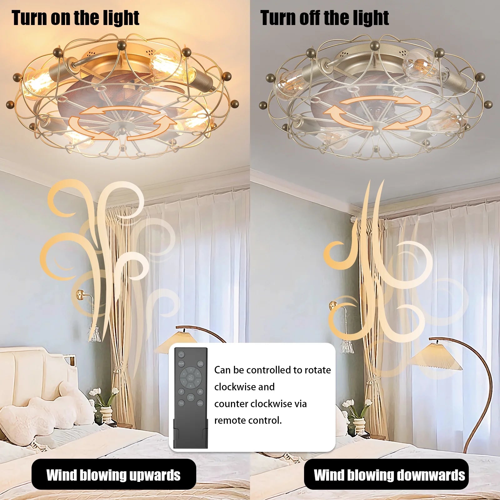 Industrial Cage Ceiling Fan - Low - Profile 7 - Blade Fan with Remote & Light - Modern Rustic Cooling for Small Spaces