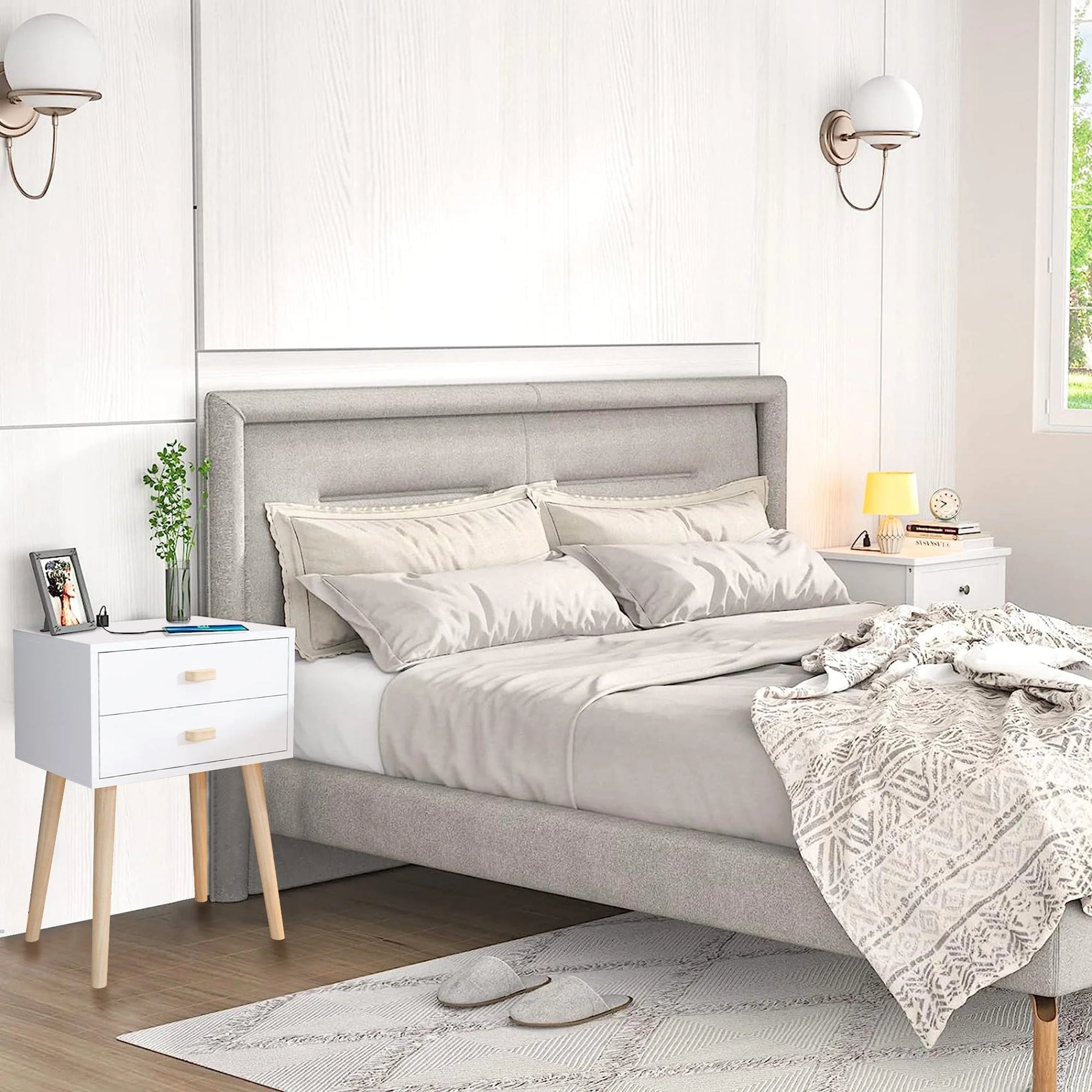 Syngar Nightstand Set of 2, Modern Bedside Tables with 2 Drawers, Storage Shelf and Wood Handles, White Bedroom Furniture