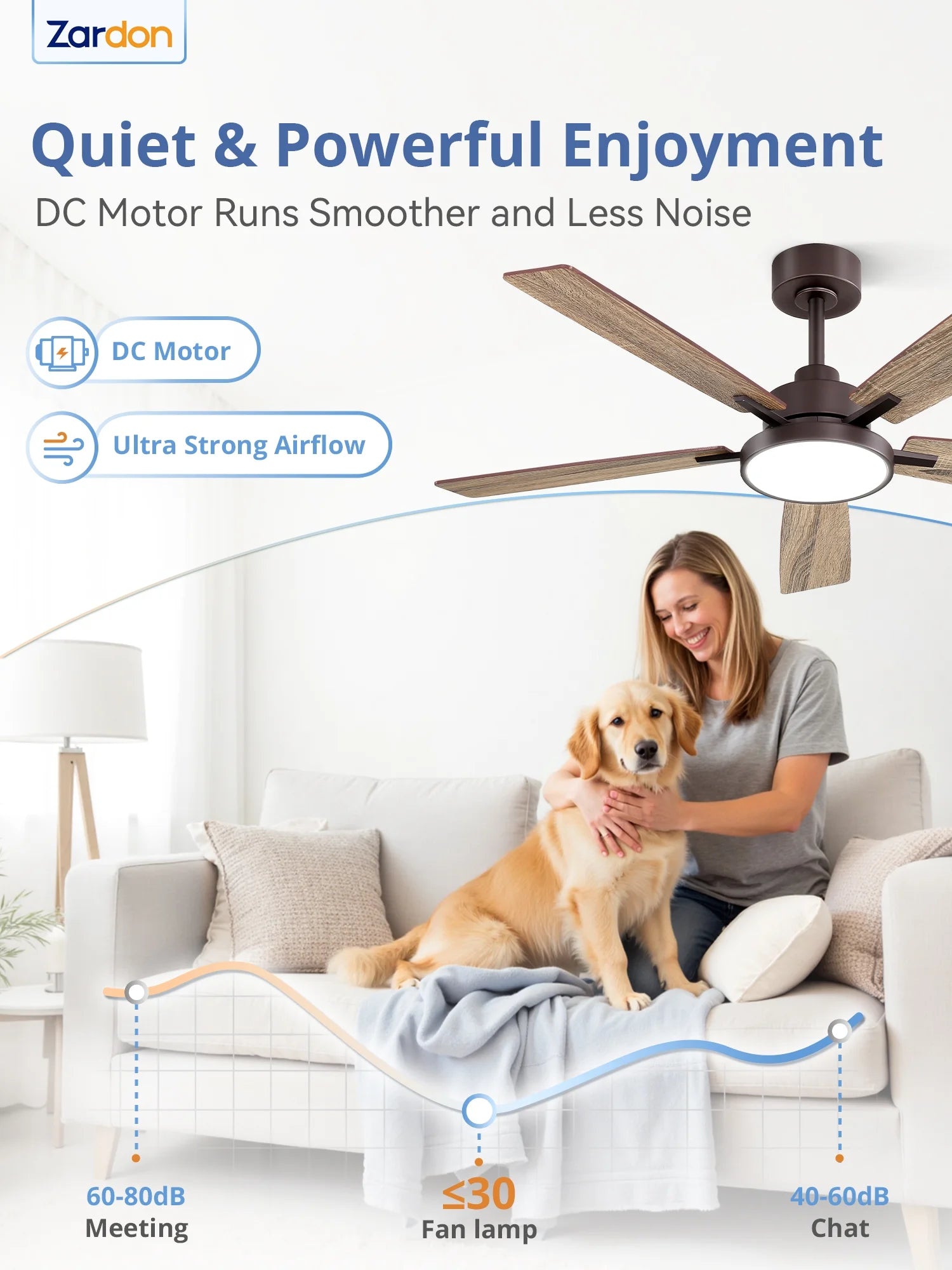 Zardon 52 in Black Ceiling Fan with LED Light and Remote, Downrod 6-Speed and Quiet Reversible DC Motor for Bedroom, Living Room, Indoor