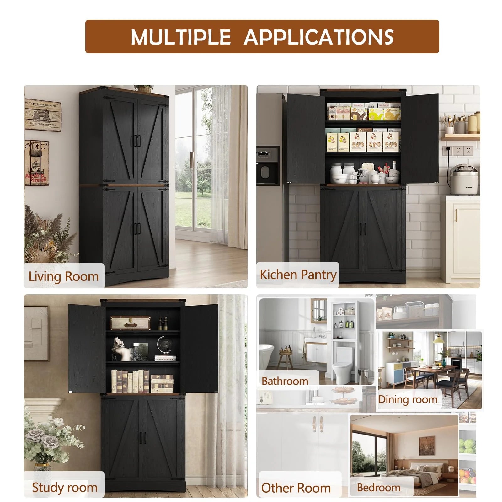 71" Tall Farmhouse Kitchen Pantry Cabinet, 5 Layers Storage Cabinet with Adjustable Shelves, Farmhouse Pantry Cabinet with 4 Barn Doors