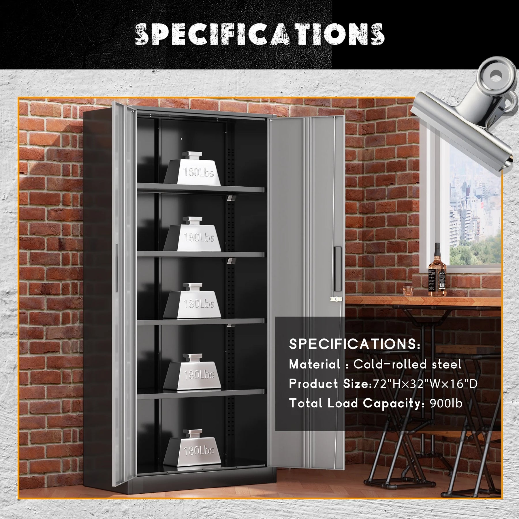 SOLAURA 71" Metal Garage Storage Cabinet with Locking Doors and Adjustable Shelves for Home, Office(Black)