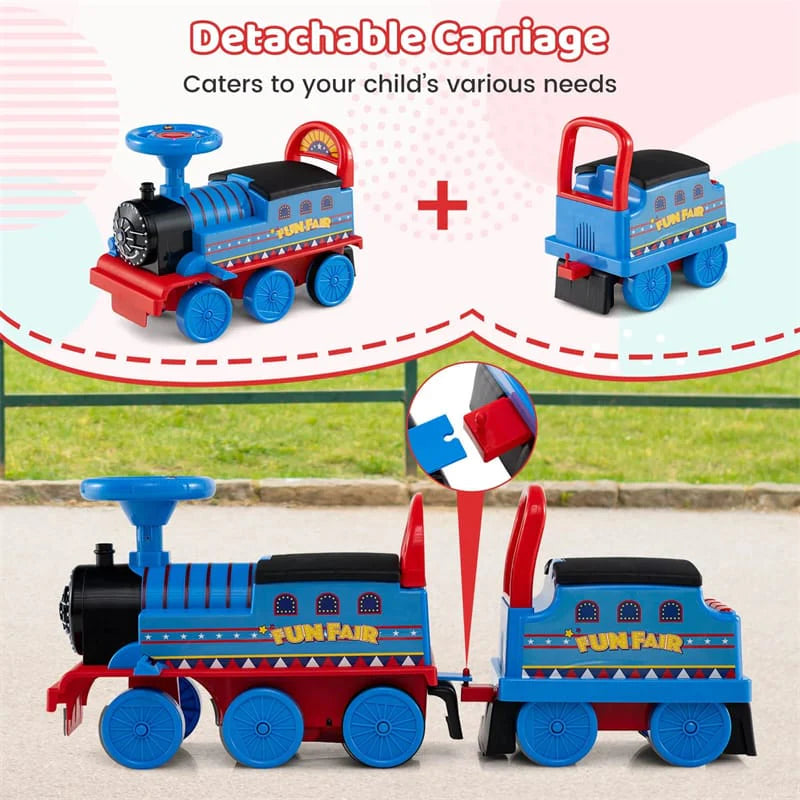 6V 2 - Seater Ride On Train with Detachable Carriage, Under - Seat Storage, Whistle & Flashing LED Lights, Trackless Electric Ride On Toy for Kids