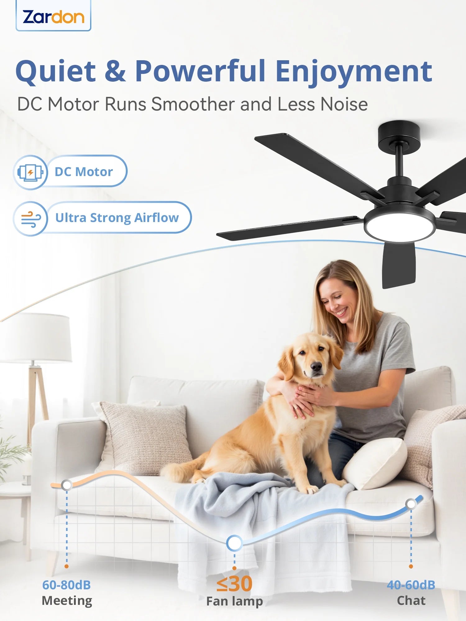 Zardon 52 in Black Ceiling Fan with LED Light and Remote, Downrod 6-Speed and Quiet Reversible DC Motor for Bedroom, Living Room, Indoor