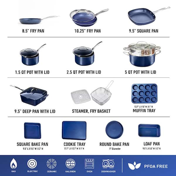 Classic Blue 20-Piece Aluminum Ultra - Durable Non - Stick Diamond Infused Cookware and Bakeware Set