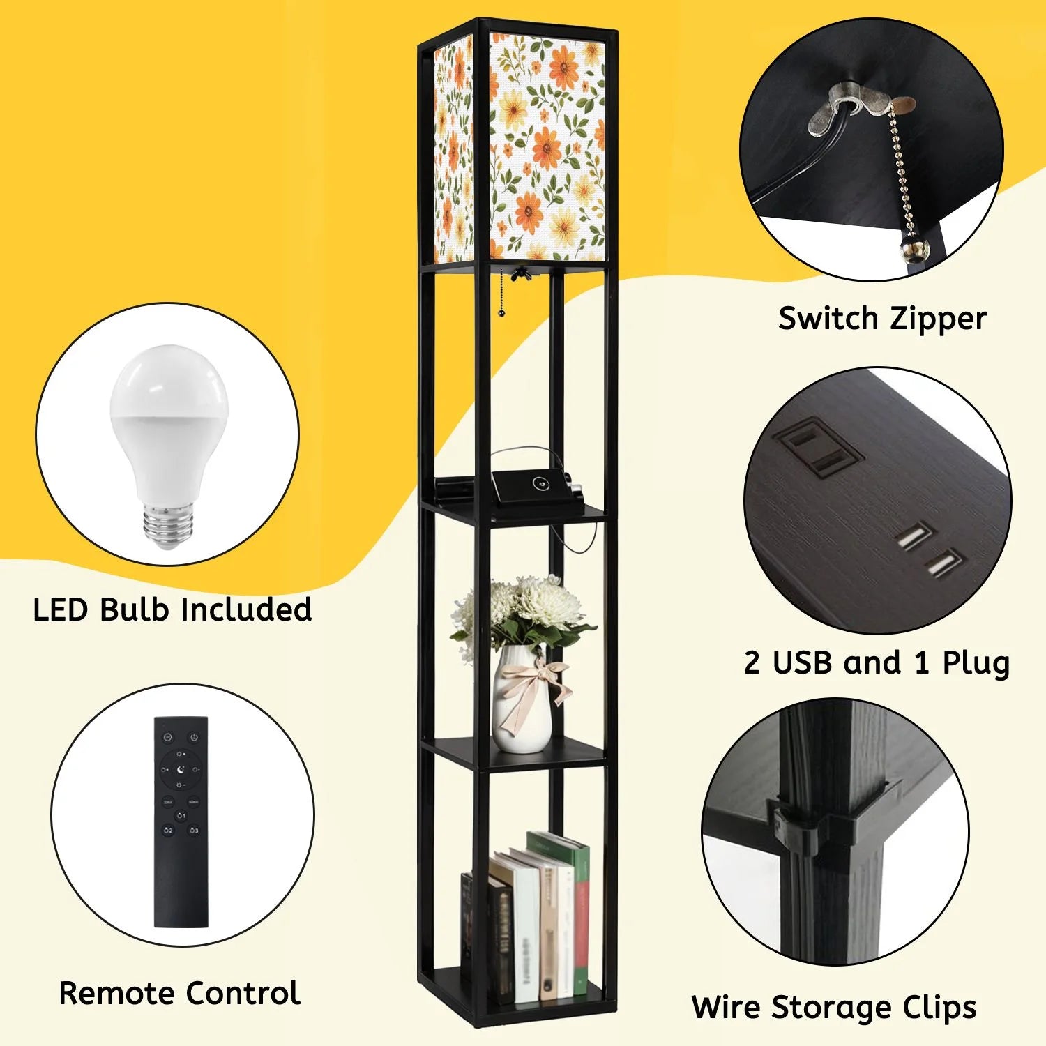 Floor Lamp with Shelves, Modern Dimmable Standing Lamp Floral Corner Display Bookshelf Lamp with 2 USB & 1 Power Outlet for Living Room & Bedroom