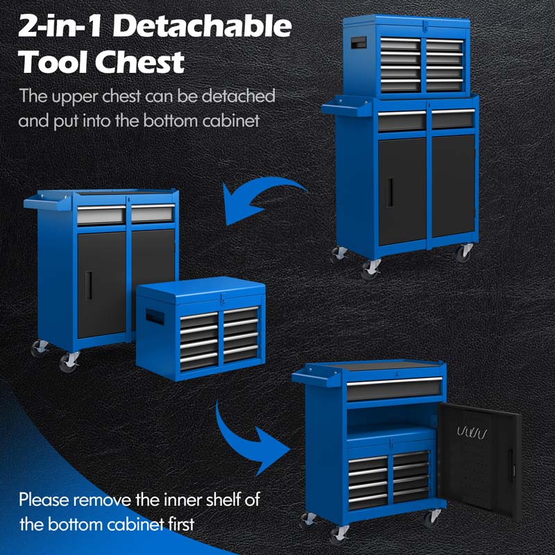 2 - in - 1 Rolling Tool Chest, 5-Drawer Tool Storage Cabinet with Wheels, Adjustable Shelf, Tool Box Organizer for Garage Warehouse Workshop