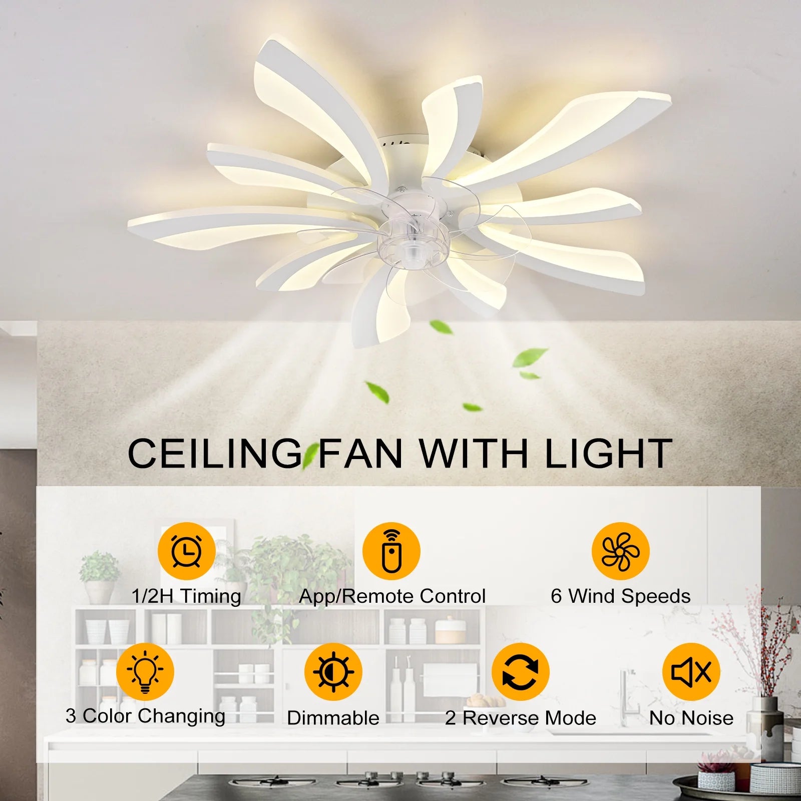 Garwarm Dimmable Ceiling Fan with Light and Remote Control, 27" Small Flush Mounted Ceiling Fan