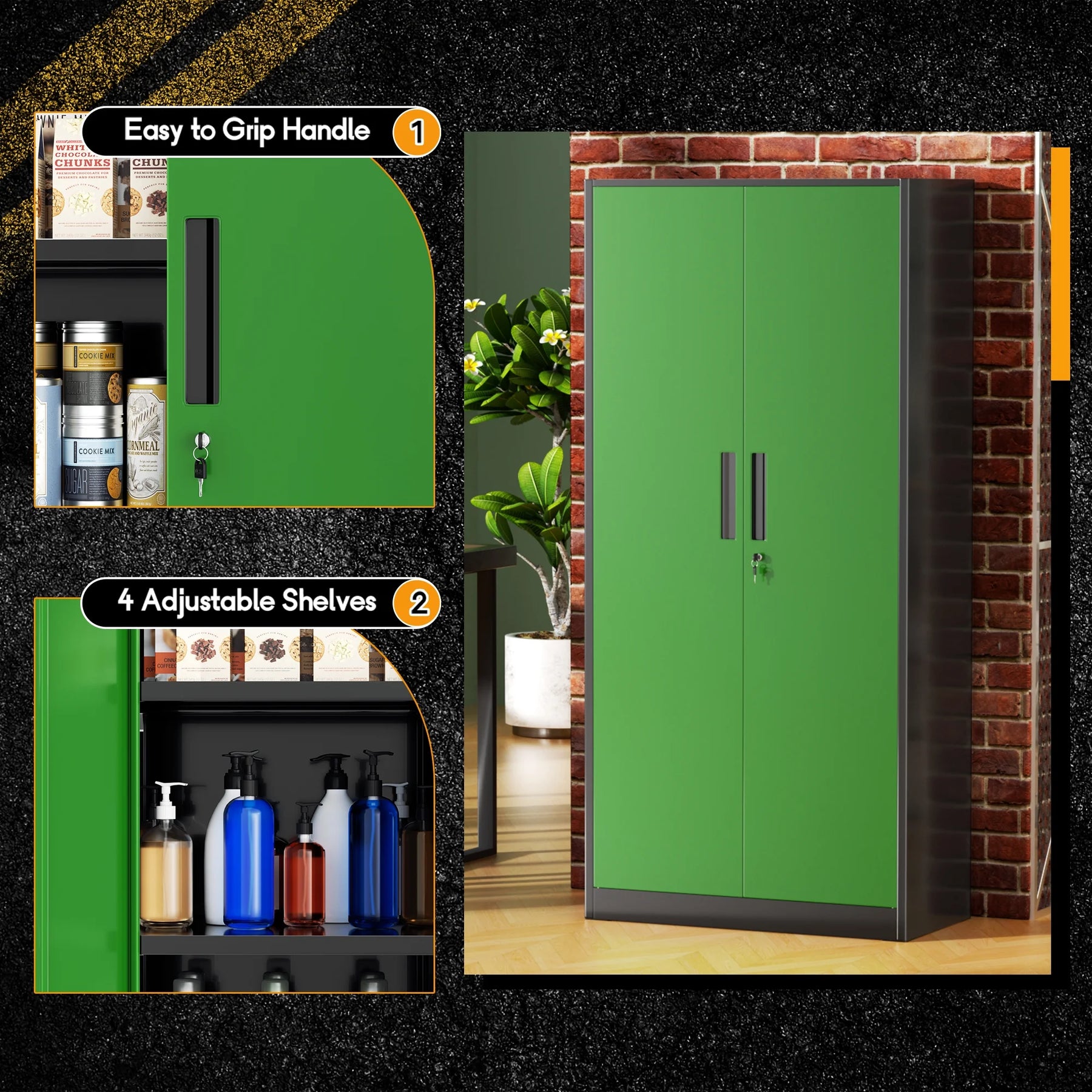 SOLAURA 71" Metal Garage Storage Cabinet with Locking Doors and Adjustable Shelves for Home, Office(Black)