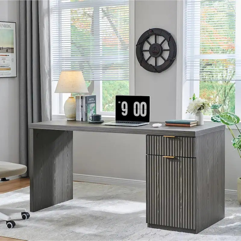 60 - Inch Contemporary Executive Desk - Wooden Home Office & Fluted Computer Desk