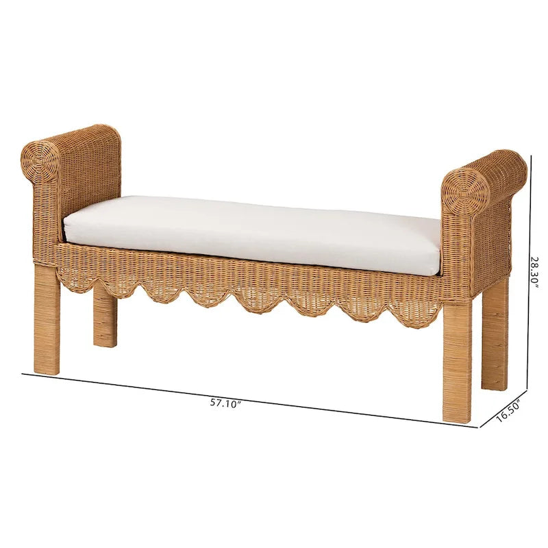 Reiko Handcrafted Natural Rattan Bench with Scalloped Design - Boho Farmhouse Seating for Entryway, Bedroom, or Living Room