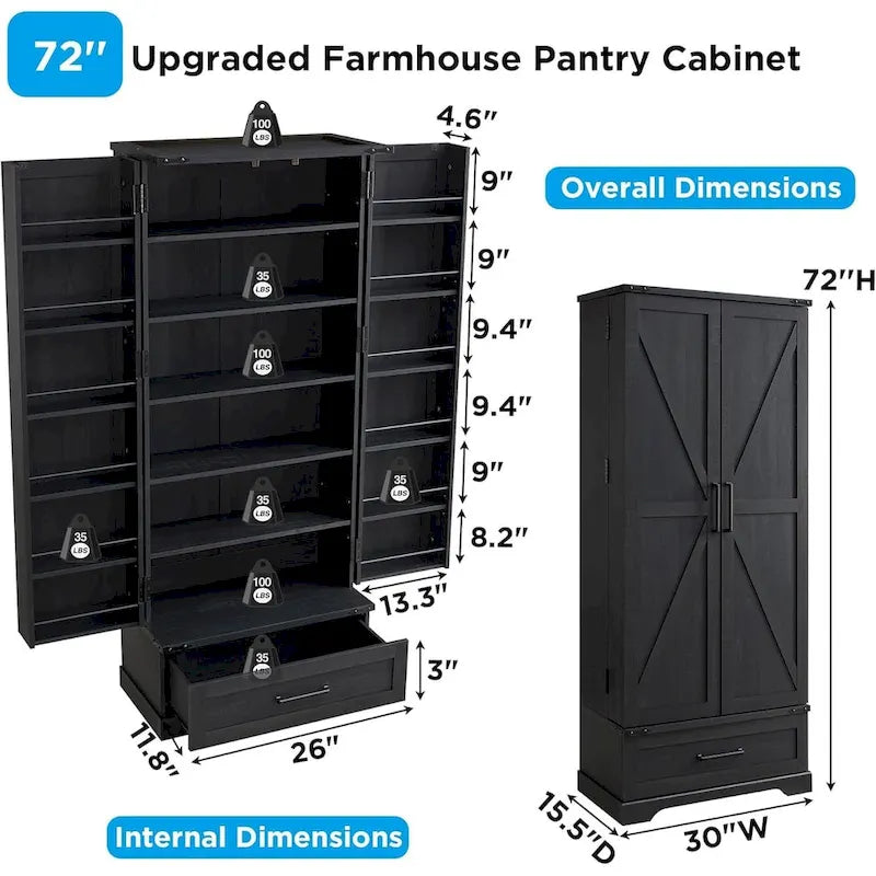 72 - Inch Tall Farmhouse Kitchen Pantry Cabinet - Stylish Storage Cupboard