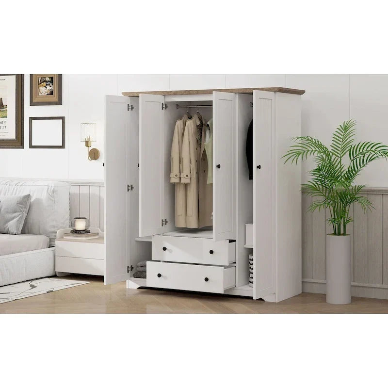 Freestanding 4 - Door Wardrobe Armoire with 2 Drawers and Hanging Rods for Clothes Storage