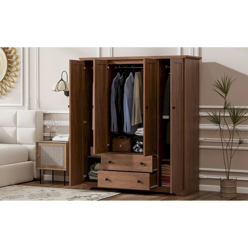 Freestanding 4 - Door Wardrobe Armoire with 2 Drawers and Hanging Rods for Clothes Storage