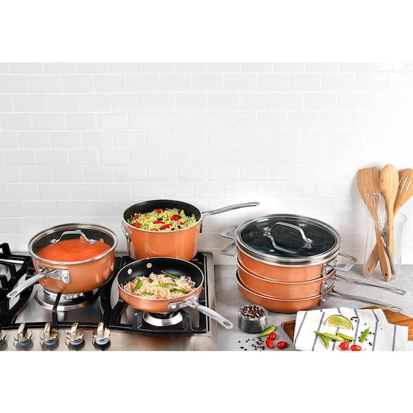 StackMaster 21-Piece Aluminum Cast Textured Ceramic Nonstick Cookware and Bakeware Set with Utensils