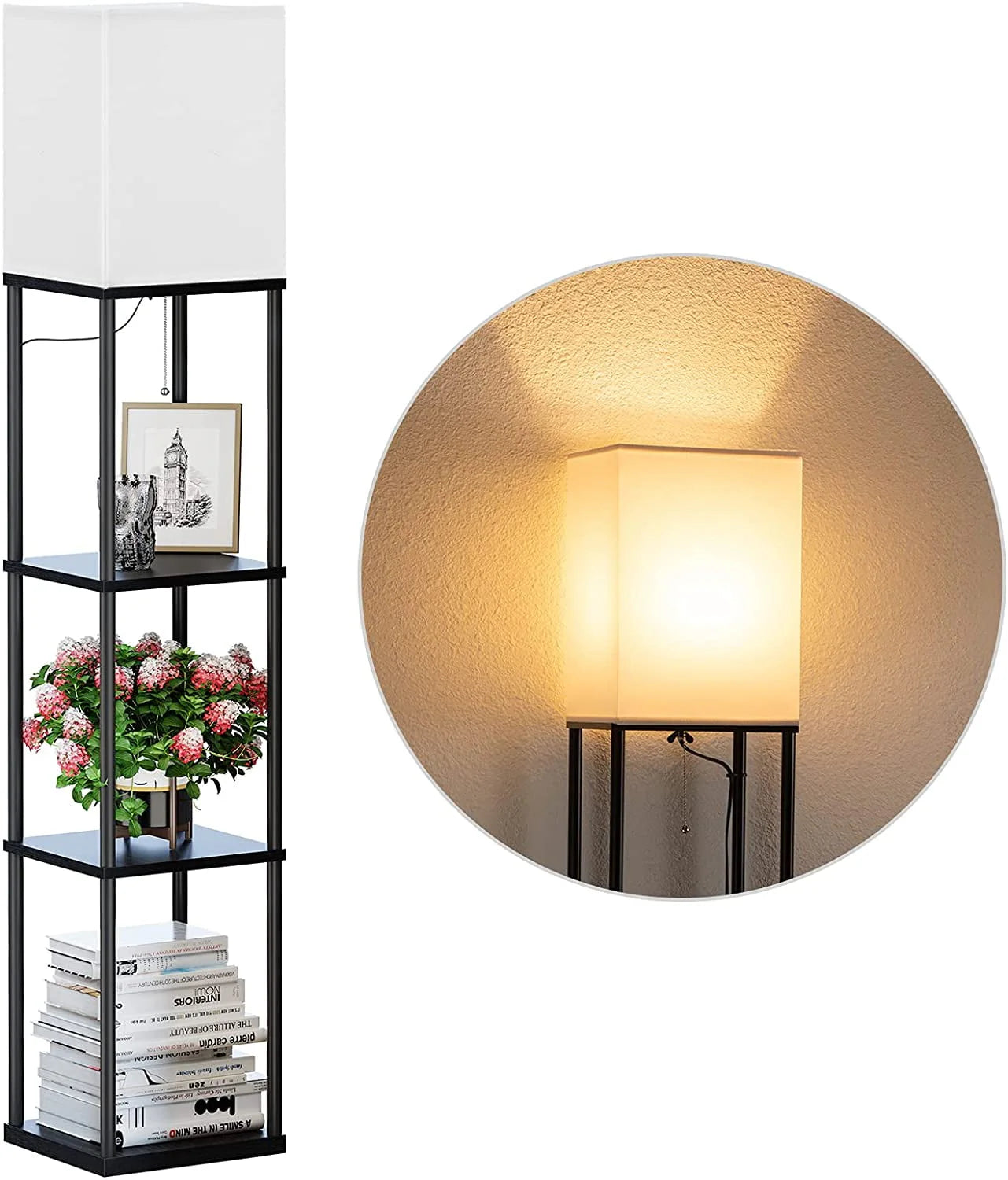 Modern Iron Shelf Floor Lamp with 3 Way Dimmable LED Bulb, Shelves and White Shade for Living Room and Bedroom(Black)