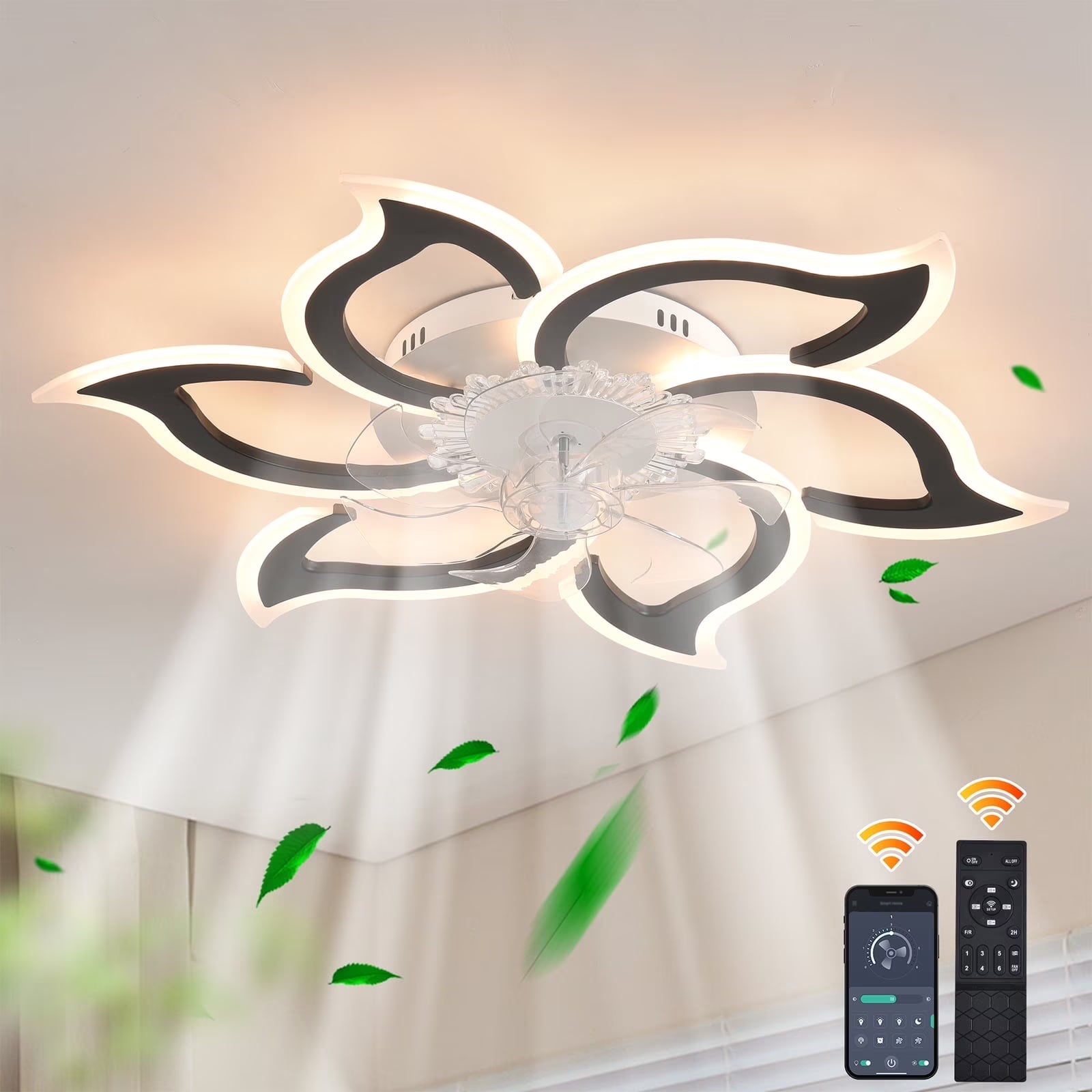 Garwarm Dimmable Ceiling Fan with Light and Remote Control, 27" Small Flush Mounted Ceiling Fan