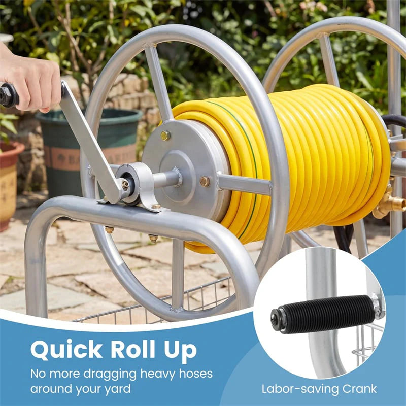 Portable Garden Hose Reel Cart Holds 300FT of 5/8" Large Capacity, Heavy - Duty Metal Hose Cart with 4 Wheels & Storage Basket for Lawn Yard