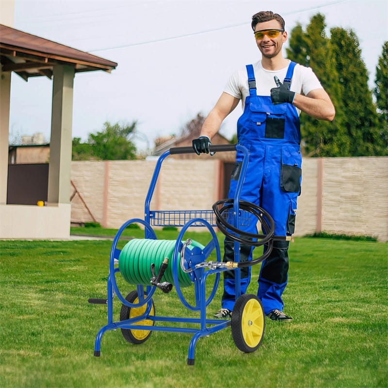 Garden Hose Reel Cart Holds 230FT of 5/8" Hose, Heavy - Duty Hose Cart with 2 Wheels & Storage Basket, Portable Water Hose Organizer for Yard