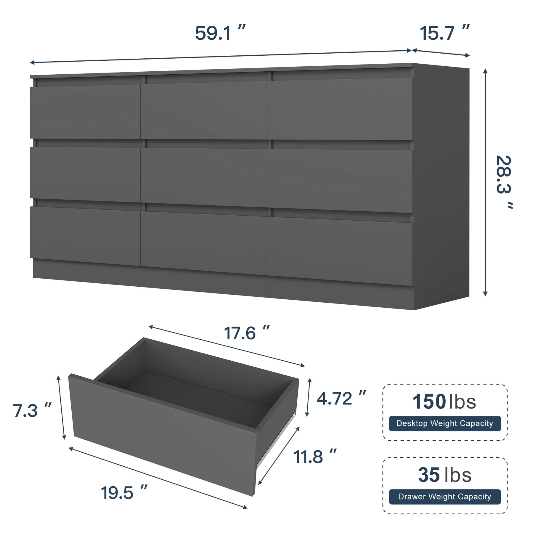 Kadyn Modern 6 Drawer Dresser Wood Cabinet, Dresser for Bedroom, Kitchen Storage Cabinet with Drawers, Chest of Drawers(Black)