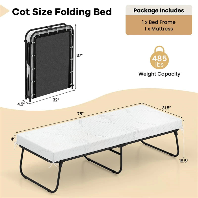 Cot Size Rollaway Guest Bed with Memory Foam Mattress, 75"x31" Portable Folding Bed with Heavy - Duty Metal Frame for Home Office Small Spaces