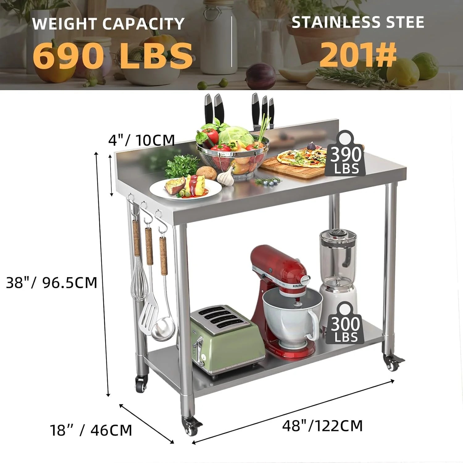 AECOJOY Stainless Steel Table with Backsplash 48"x18" Prep Tables for Commercial Kitchen