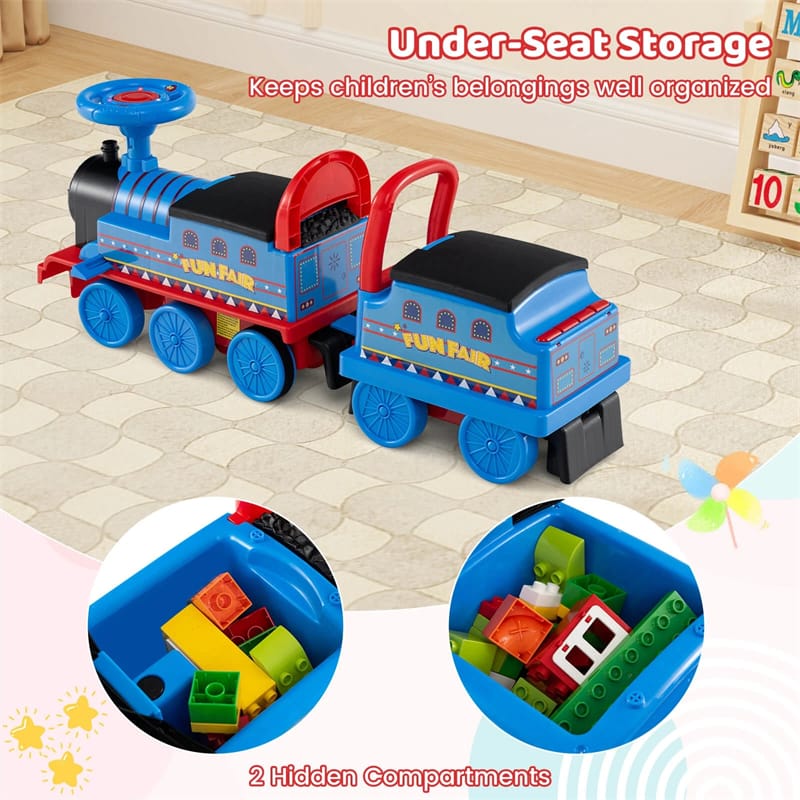 6V 2 - Seater Ride On Train with Detachable Carriage, Under - Seat Storage, Whistle & Flashing LED Lights, Trackless Electric Ride On Toy for Kids
