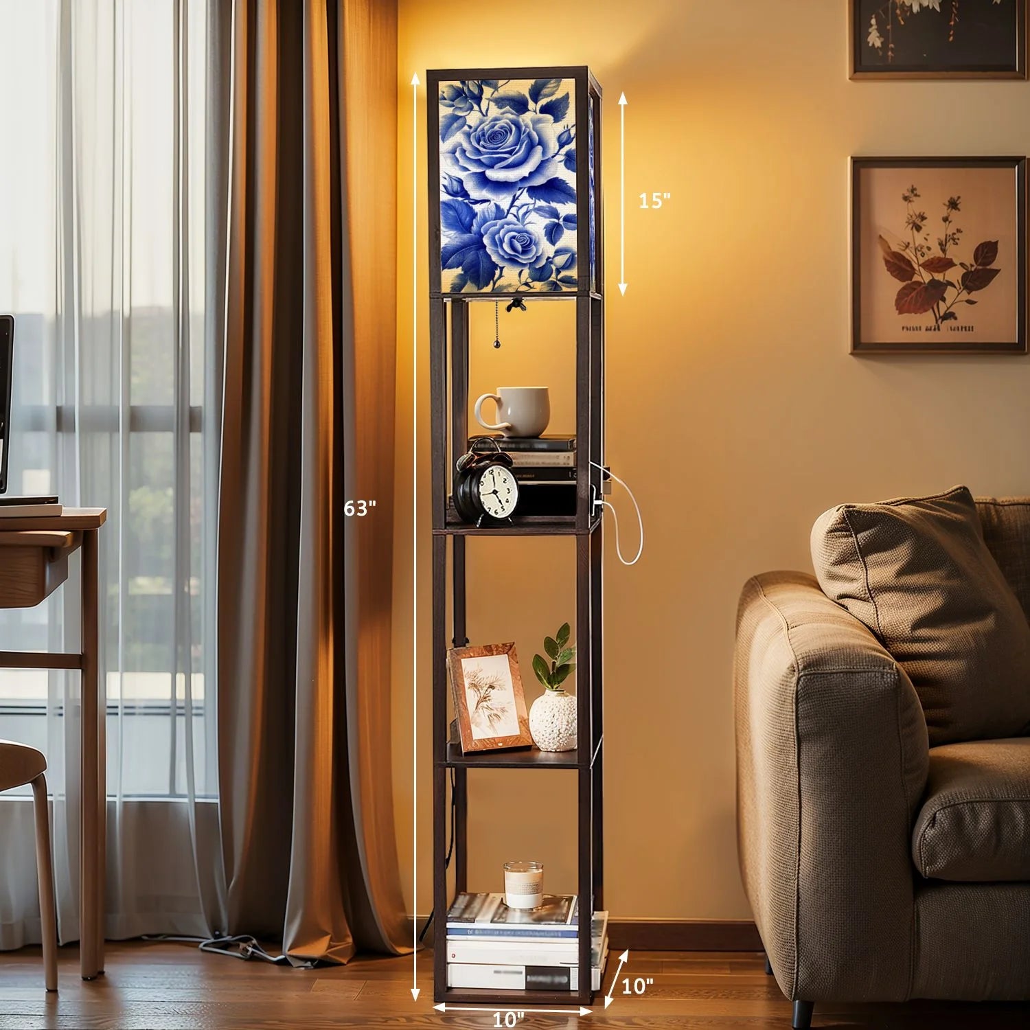 Floor Lamp with Shelves, Modern Dimmable Standing Lamp Floral Corner Display Bookshelf Lamp with 2 USB & 1 Power Outlet for Living Room & Bedroom