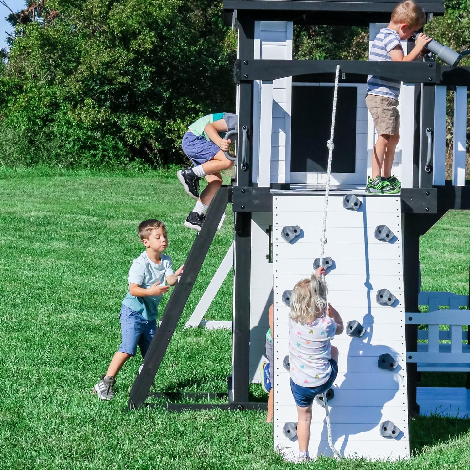 Backyard Discovery Canyon Creek Cedar Wood Swing Set with Wave Slide, Clubhouse, Play Kitchen, Picnic Area, Swings and Rock Wall