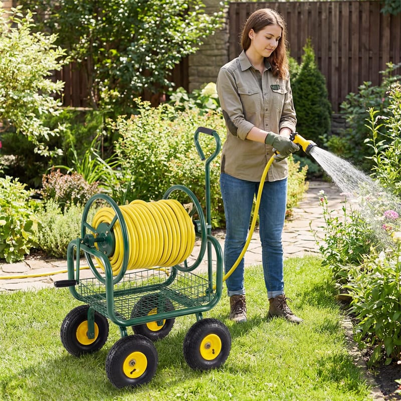 Portable Garden Hose Reel Cart Holds 300FT of 5/8" Large Capacity, Heavy - Duty Metal Hose Cart with 4 Wheels & Storage Basket for Lawn Yard