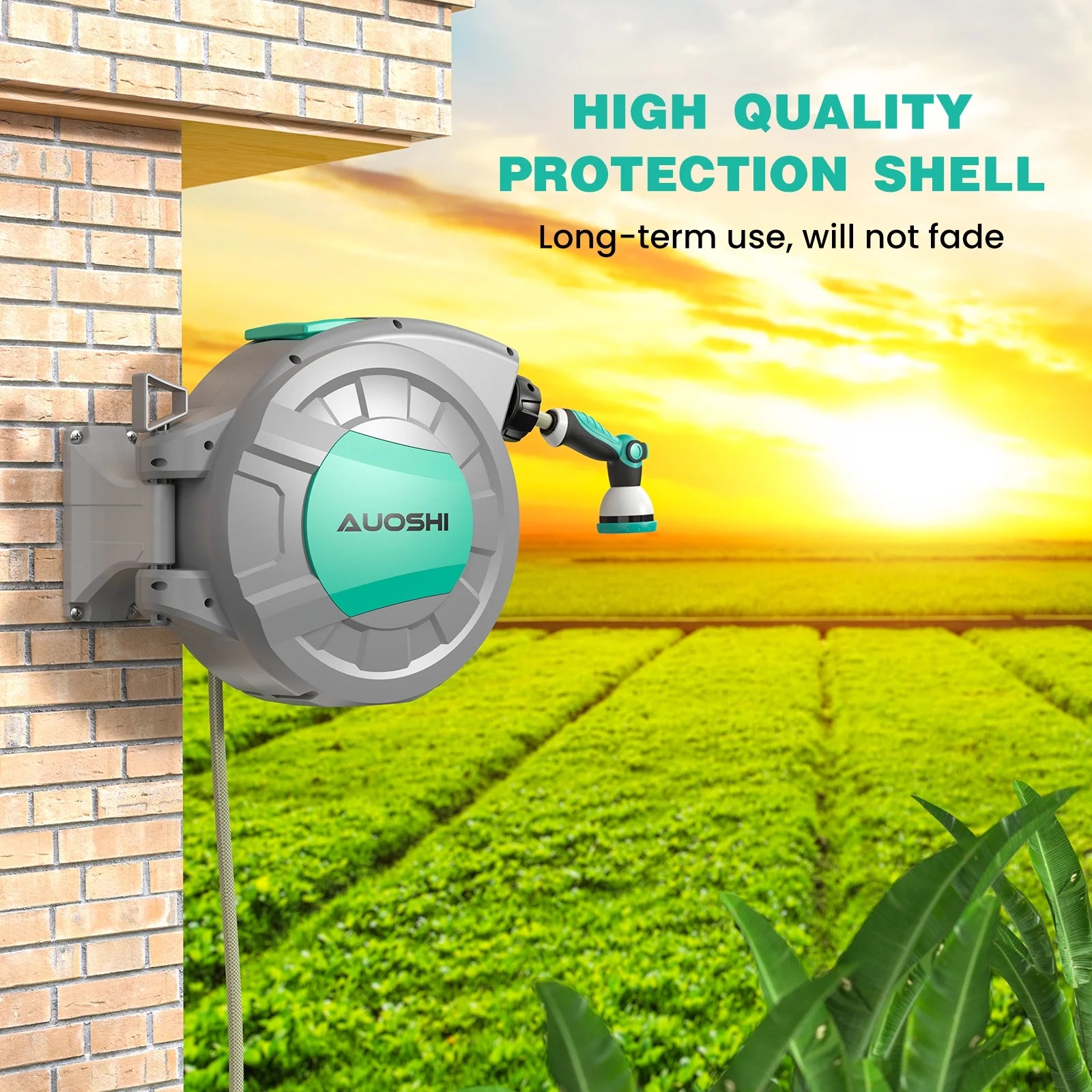 AUOSHI Retractable Garden Hose Reel 1/2" 100ft Automatic Hose Reel with 10 Function Sprayer Nozzle Wall Mount 180 Deg Swivel Bracket Hose Reel