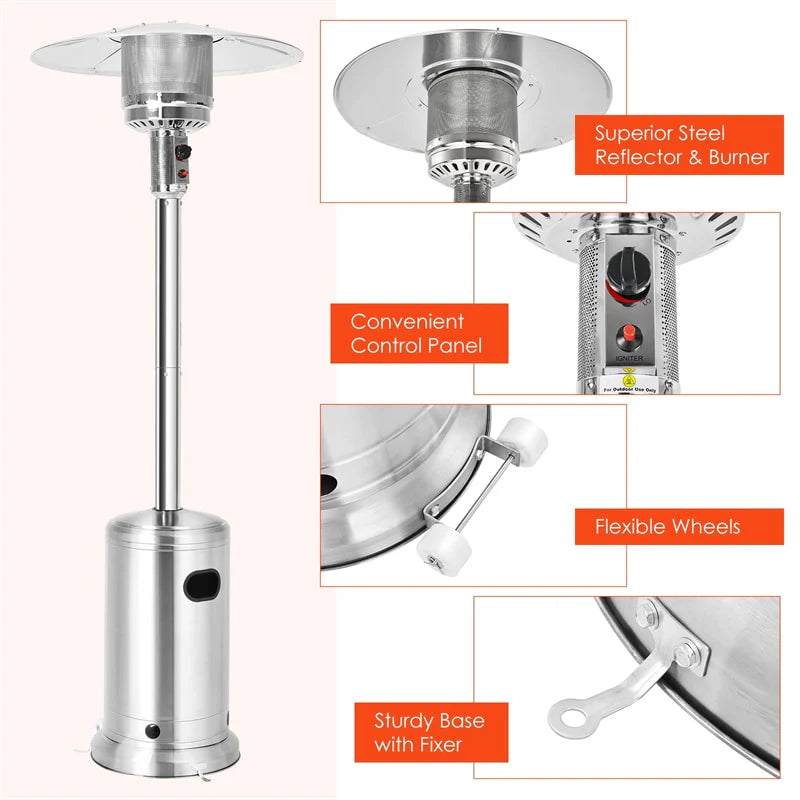 50,000 BTU Propane Patio Heater, Standing Stainless Steel Outdoor Heater with Wheels, Triple Protection, CSA Certified for Deck & Commercial