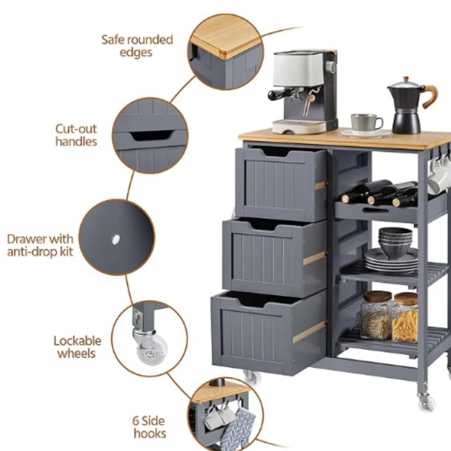 Kitchen Island Cart on Wheels with Storage, Solid Wood Top, 3 Drawers and Removable Shelves, Rolling Utility Cart, Dark Gray