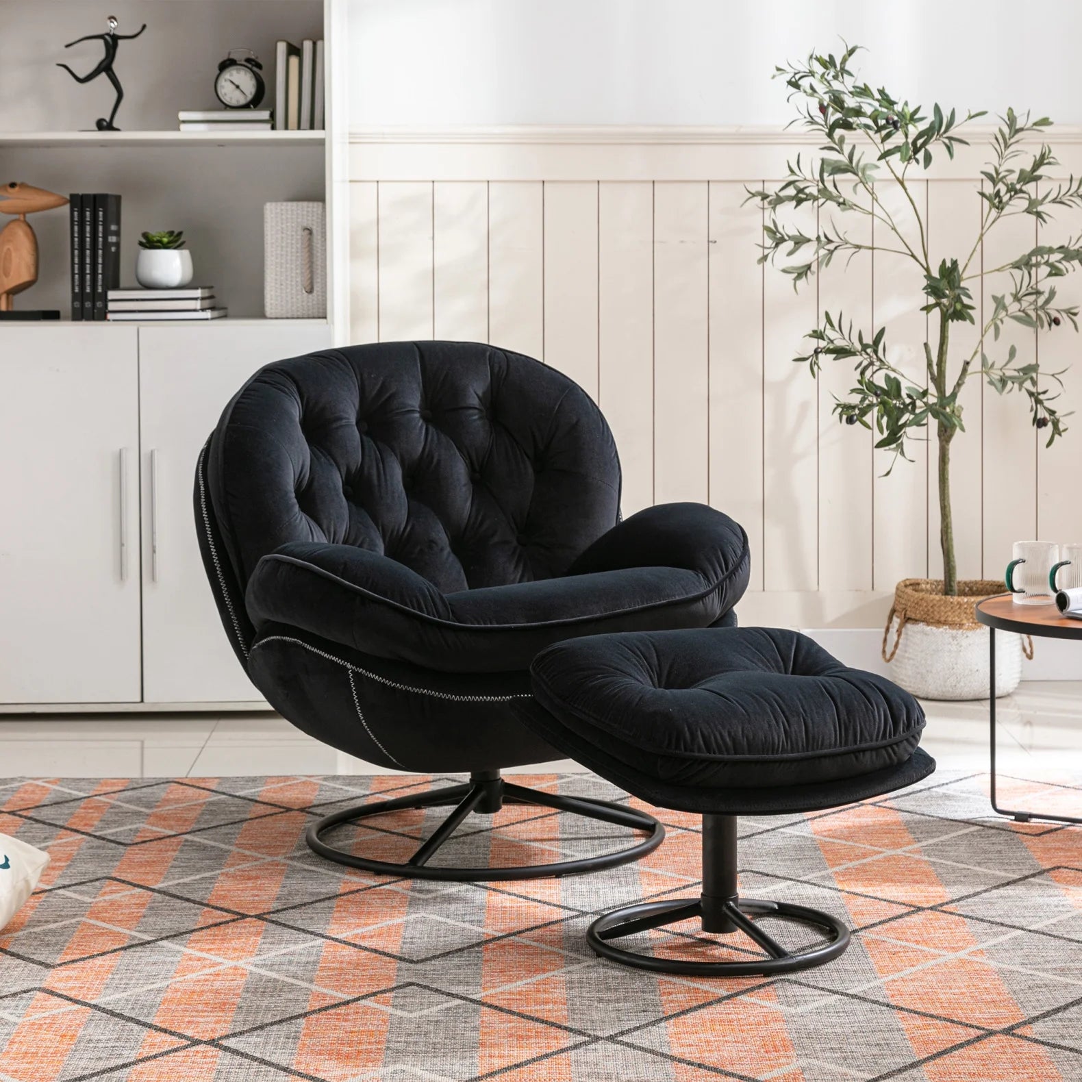 Velvet Swivel Accent Chair with Ottoman, Modern Chaise Lounge Chair with Metal Frame and Footstool, Comfy Armchair Reading Chair