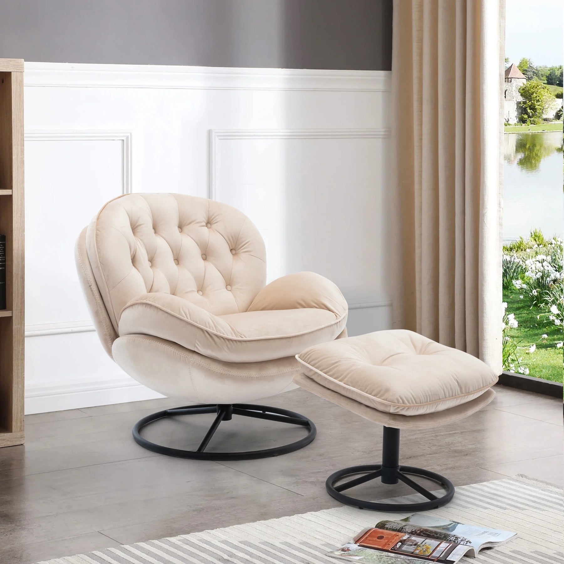 Velvet Swivel Accent Chair with Ottoman, Modern Chaise Lounge Chair with Metal Frame and Footstool, Comfy Armchair Reading Chair