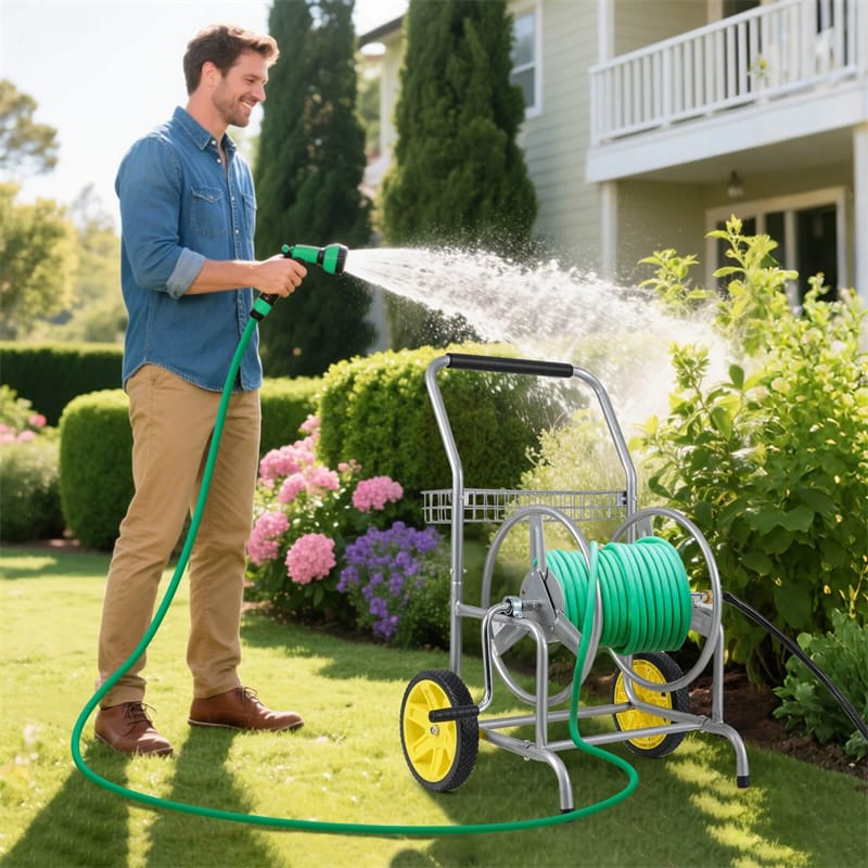 Garden Hose Reel Cart Holds 230FT of 5/8" Hose, Heavy - Duty Hose Cart with 2 Wheels & Storage Basket, Portable Water Hose Organizer for Yard