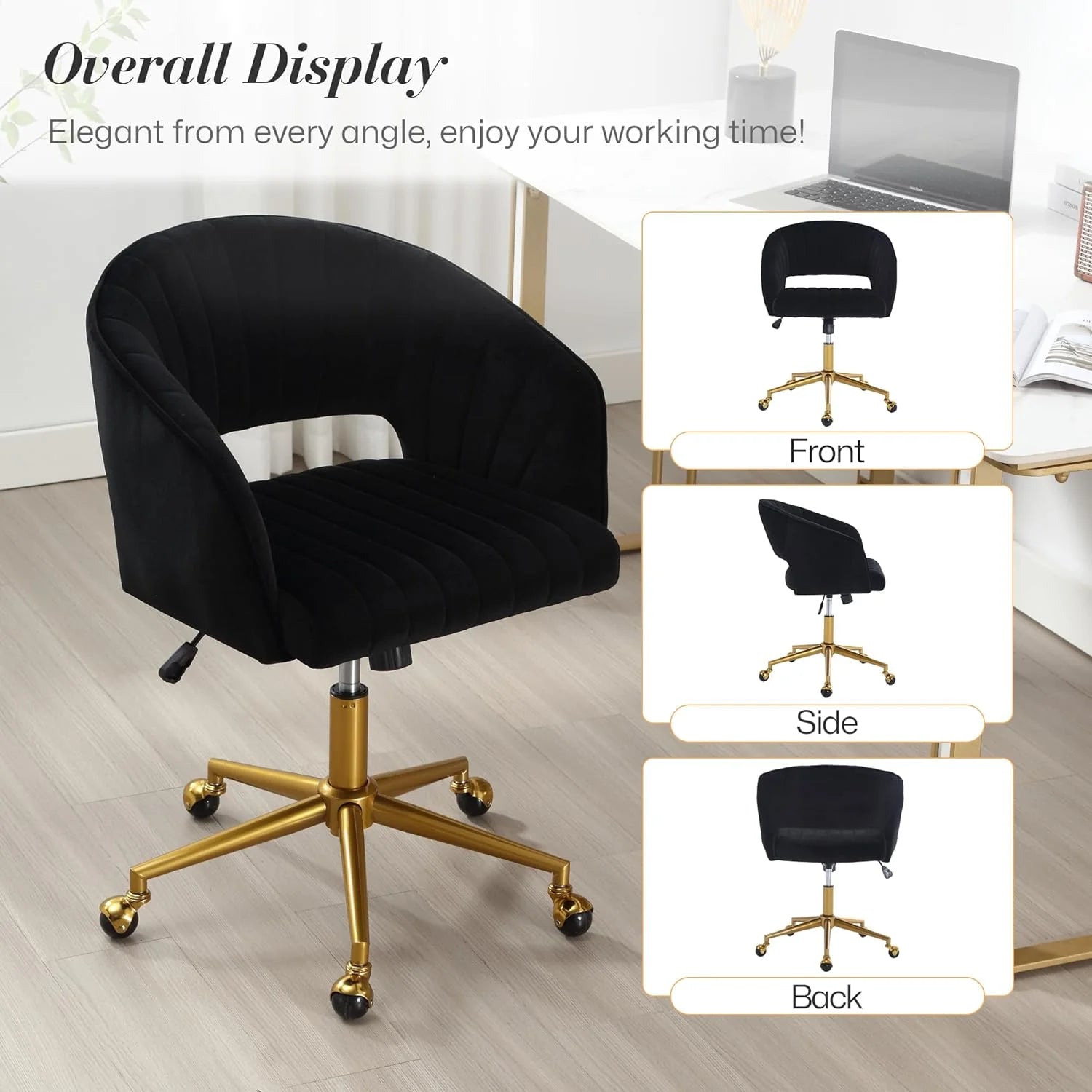 Home Office Swivel Desk Chair, Modern Velvet Vanity Chair, Height Adjustable Armchair with Gold Base, Ergonomic Office Chair for Task Study Computer Room, Beige