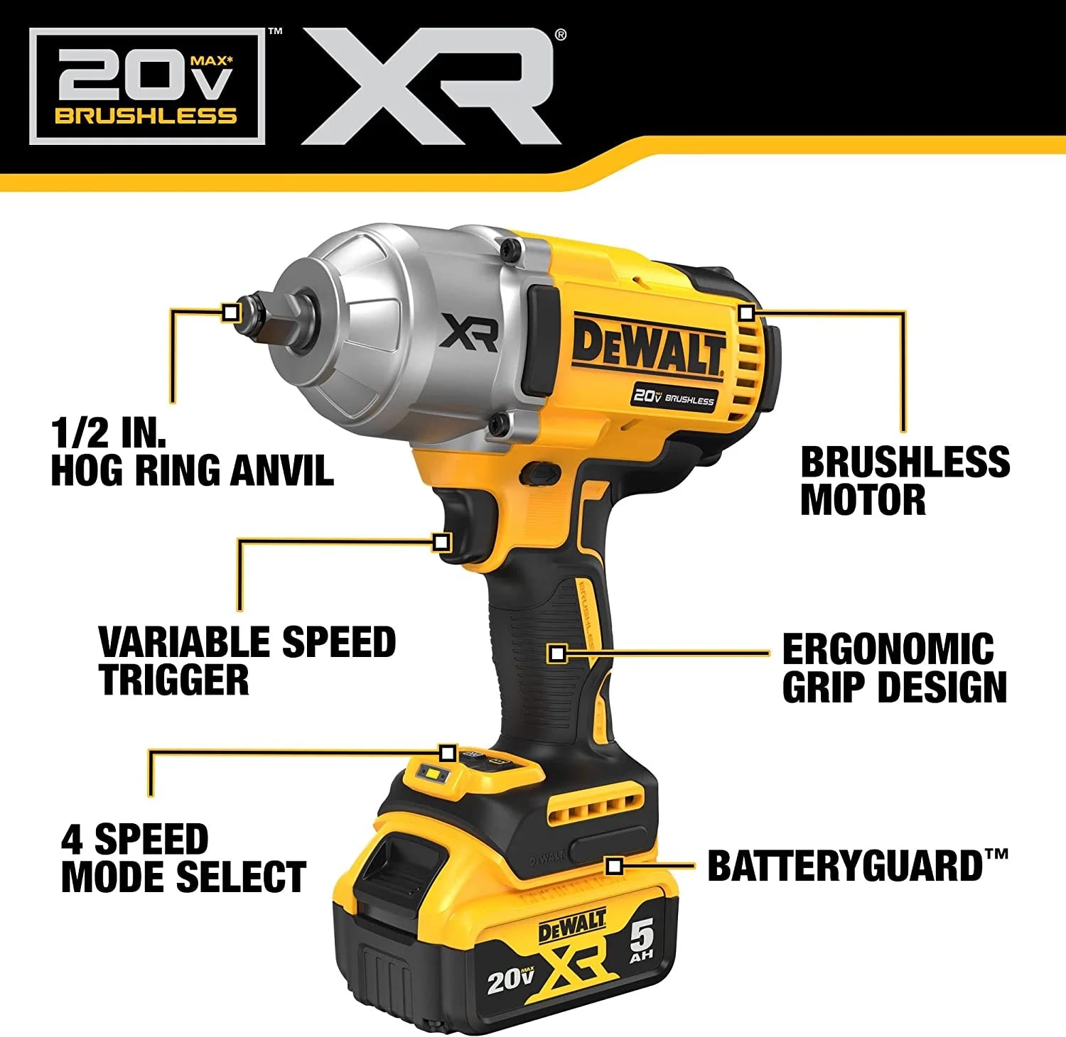 DEWALT 20V MAX XR 1/2" High Torque Impact Wrench with Hog Ring Anvil Kit (DCF900P1)