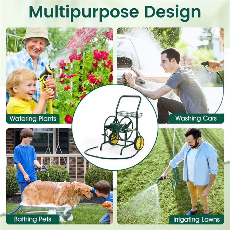 Garden Hose Reel Cart Holds 230FT of 5/8" Hose, Heavy - Duty Hose Cart with 2 Wheels & Storage Basket, Portable Water Hose Organizer for Yard