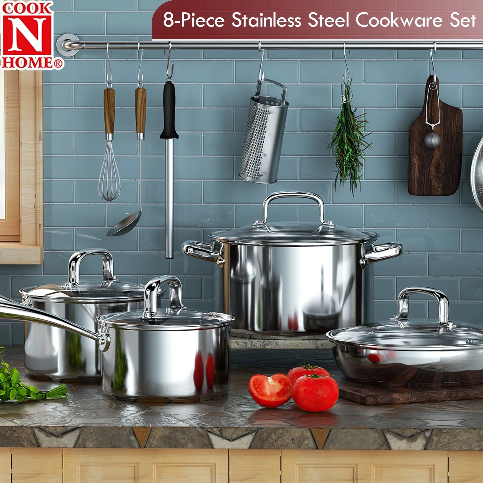 Cook N Home Pots and Pans Stainless Steel, 8-Piece Induction Pot Kitchen Cookware Set, Silver, Oven Safe