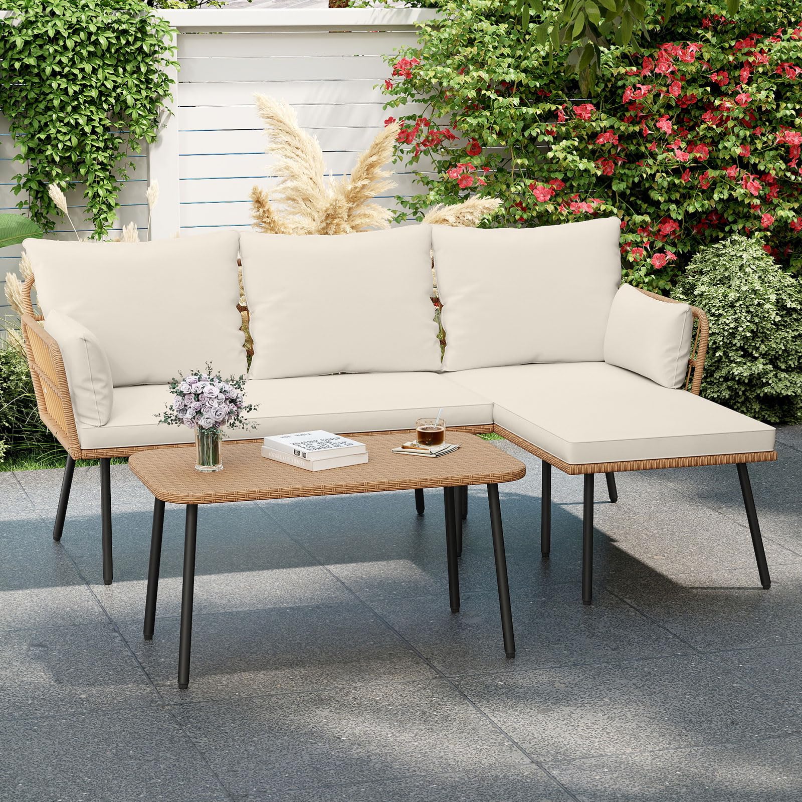 Tangkula 3 Pieces L-Shaped Patio Furniture Set for Backyard Porch Balcony