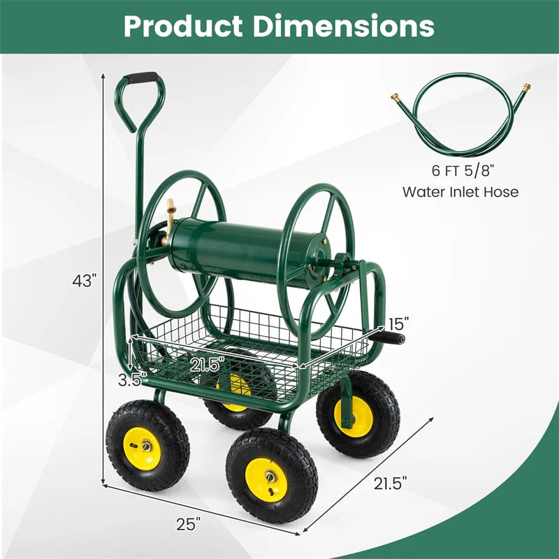Portable Garden Hose Reel Cart Holds 300FT of 5/8" Large Capacity, Heavy - Duty Metal Hose Cart with 4 Wheels & Storage Basket for Lawn Yard