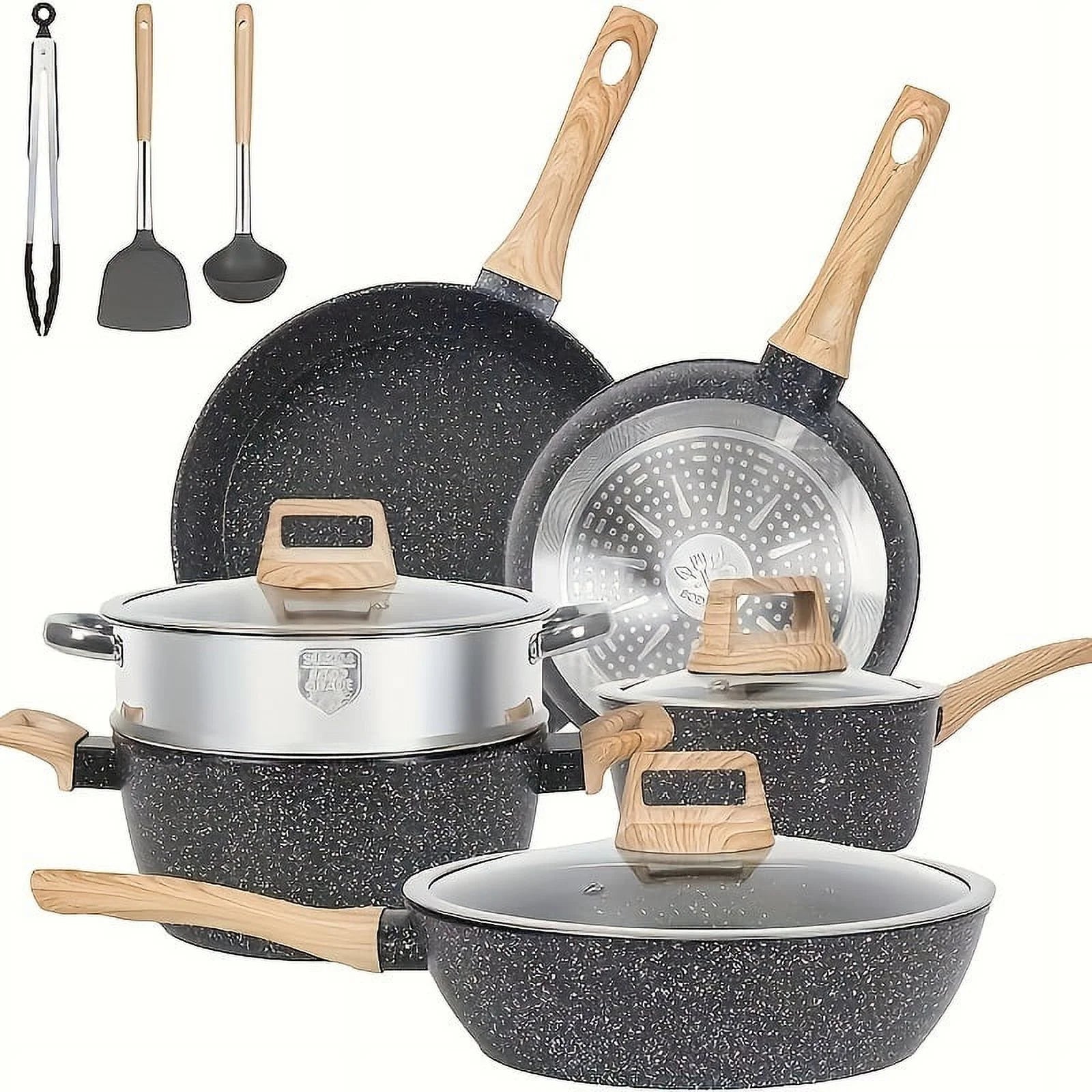 Non - Stick 12 POTS and Pans Set, Cookware Set, Including Frying Pan, Steamer, Silicone Spatula and Tongs - Granite Cooking Set (Black)