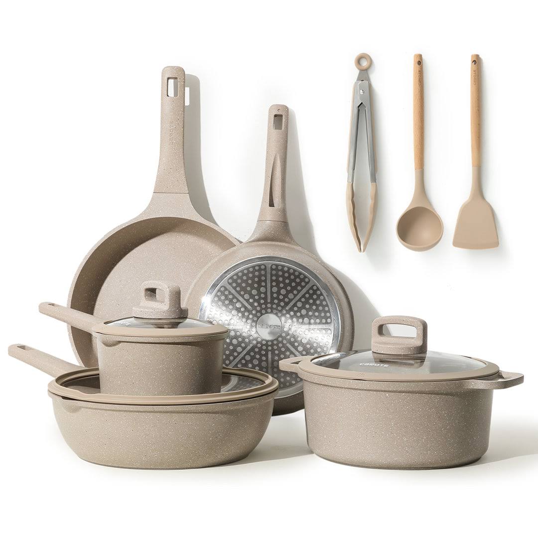 Carote Nonstick Pots and Pans Set, 10 Pcs Non Stick Cookware Set, Induction Stone Cookware Kitchen Cooking Set (Taupe Granite)