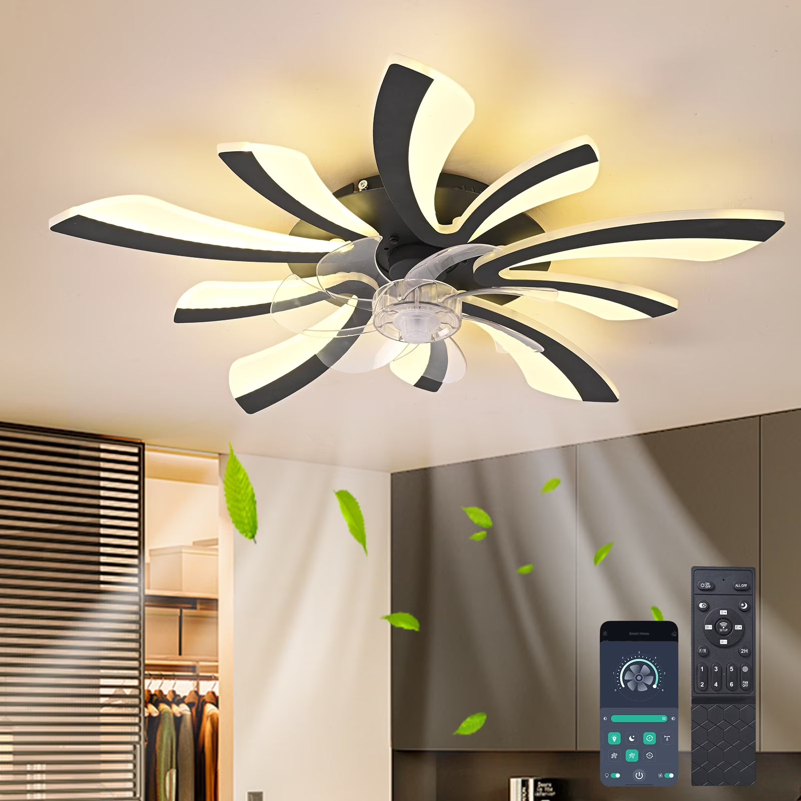 Garwarm Dimmable Ceiling Fan with Light and Remote Control, 27" Small Flush Mounted Ceiling Fan
