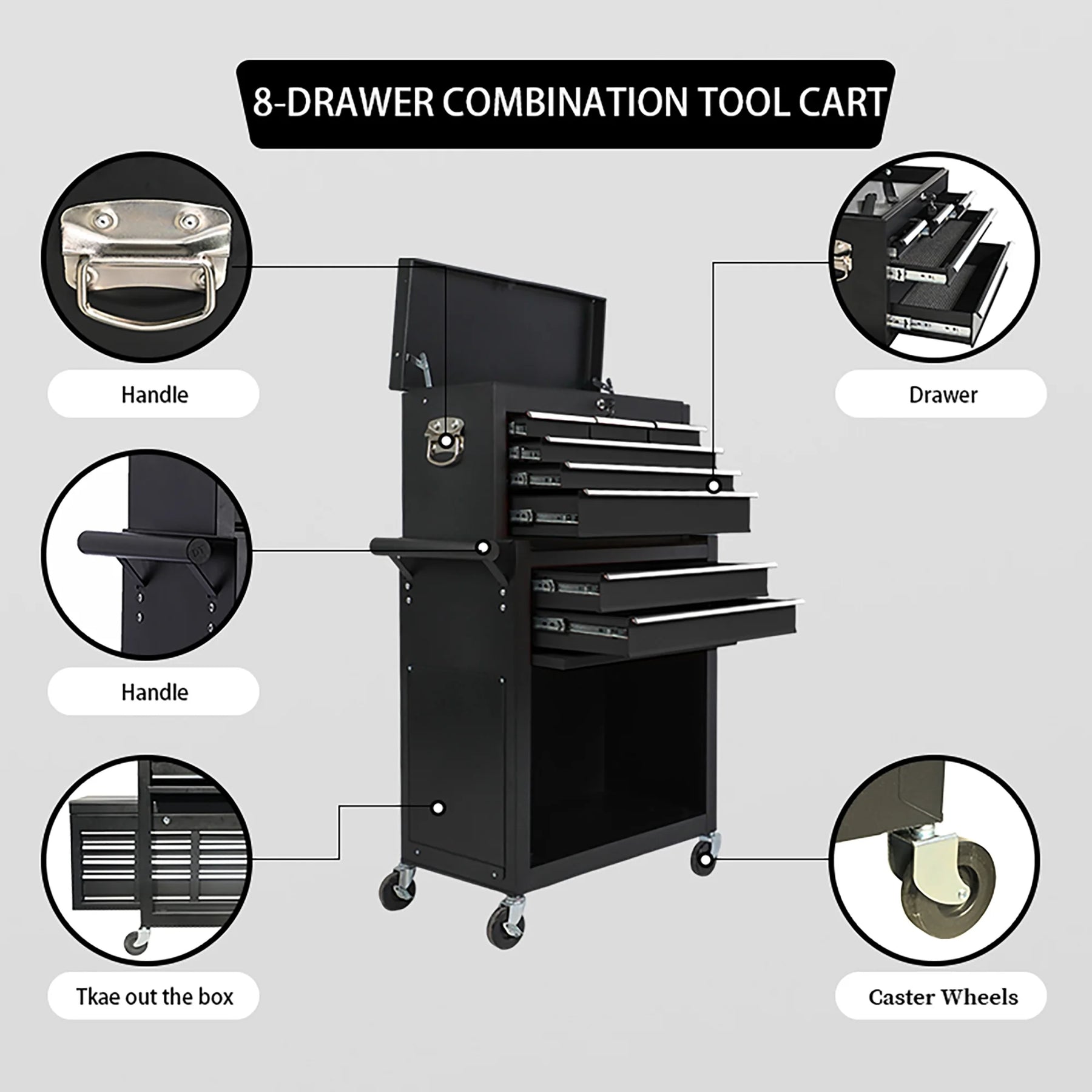 8 Drawer Large Capacity Rolling Toolbox, Detachable Cabinet Storage Tool Chest with Wheels, Tool Storage Cabinet with Lock for Workshop Garage