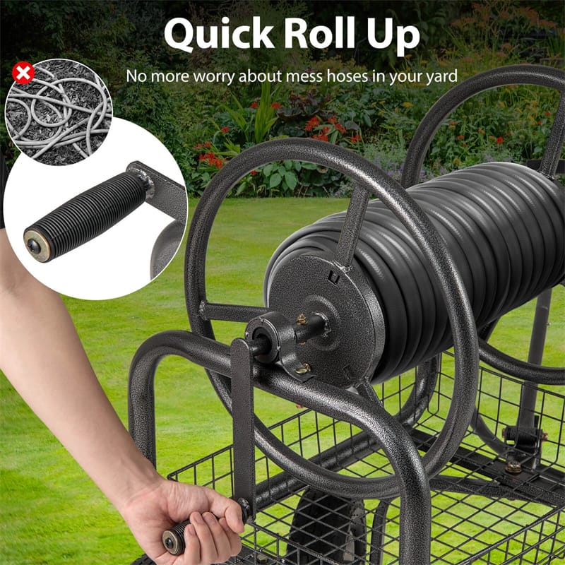 Portable Garden Hose Reel Cart Holds 300FT of 5/8" Large Capacity, Heavy - Duty Metal Hose Cart with 4 Wheels & Storage Basket for Lawn Yard