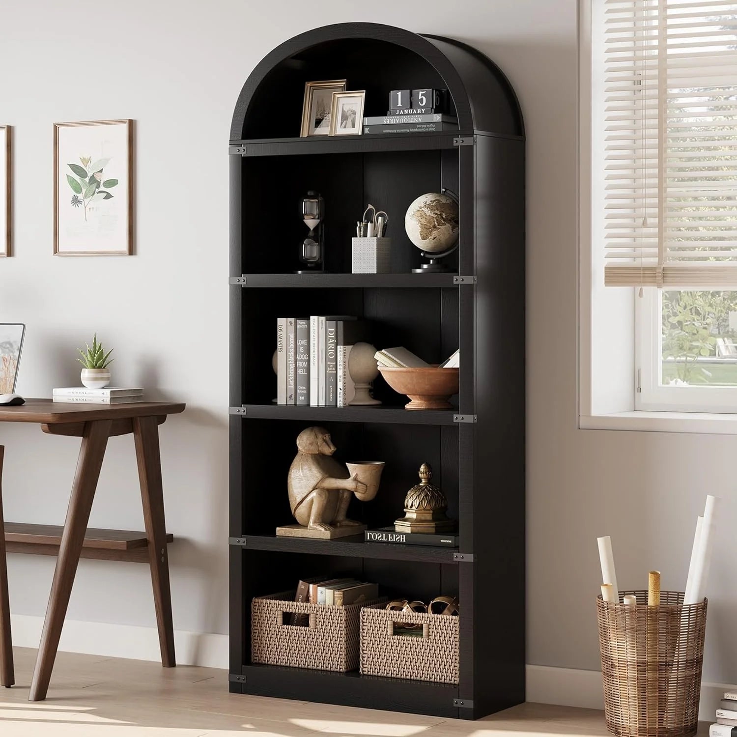 Bookcase 5 Shelf Arched Bookshelf 71.65in Tall Bookcase Farmhouse Display Storage Rack Wooden Bookshelves for Home Office, Living Room(White)