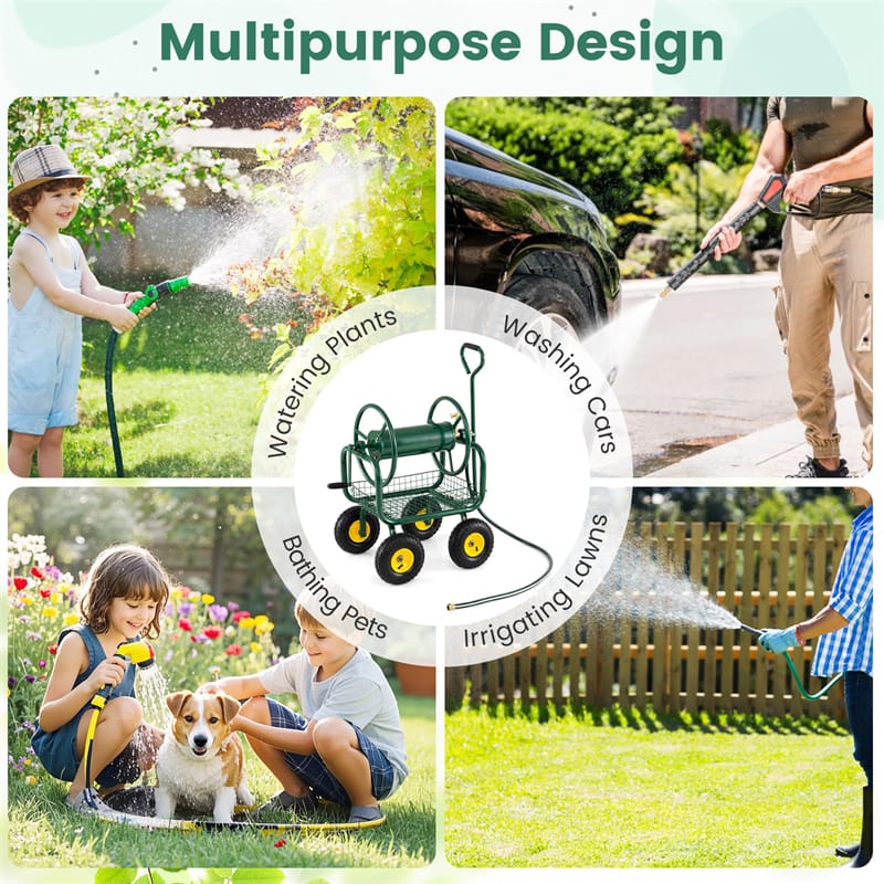 Portable Garden Hose Reel Cart Holds 300FT of 5/8" Large Capacity, Heavy - Duty Metal Hose Cart with 4 Wheels & Storage Basket for Lawn Yard